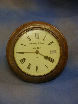A 19th Century wall clock the 10" circular painted dial marked Salsbury & Sons Guildford, contained in an oak case