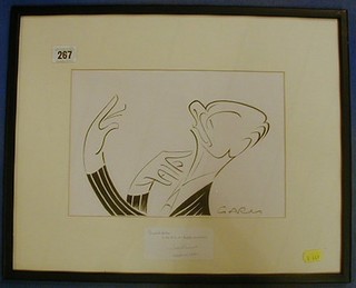 From the estate of the Late Helen Christie - Graham, a caricature drawing of a yawning Sir Alec Guiness, together with  a framed message "Dearest Helen, with love and happy memories John Gielgud Christmas 1952" 7" x 11"