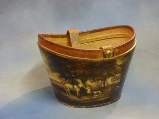 A 19th Century leather hat box painted landscape scenes 13" 