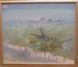 Allan Shufflebotham, oil painting on board "Study of a Spitfire Over The White Cliffs of Dover" 19" x 23"