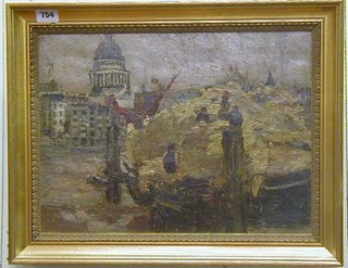 Louise Pickard, oil painting on canvas "St Pauls From Cheapside 1928" the reverse with a Redfern Gallery label dated 14th Oct. 1928 12" x 15" 