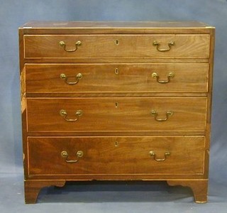 A Georgian mahogany chest of 4 long drawers inlaid satinwood with original brass swan neck handles, 32" 