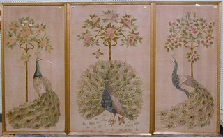 3  fine quality 19th Century wool work panels on linen "Peacocks Beneath Trees" 45" x 28" and 45" x 21" contained in 3 frames