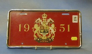 A 1951 Canadian Royal Licence plate used on the 1951 Royal Tour