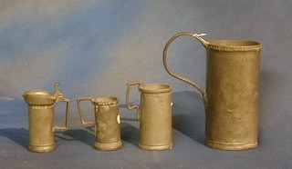 3, 17th/18th Century graduated pewter measures, the rims with numerous marks, together with a 17th/18th Century pewter jug with hinged lid  