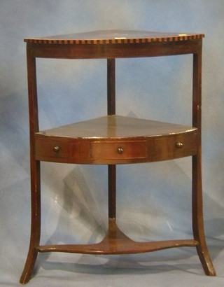 A Georgian inlaid mahogany 3 tier corner wash stand, fitted a drawer and united by an undertier 22"