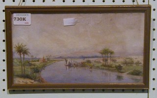 19th Century Egyptian School, watercolour drawing "River Nile with Figures and Boats" 5" x 10"