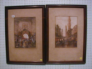 A pair of Persian gouache and watercolour drawings "Street Scenes with Mosques" marked 20 III 95, 13" x 10"