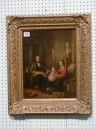 A Green, a Victorian oil painting on canvas interior scene "Seated Parents and Baby in a Drawing Room" signed 14" x 11"