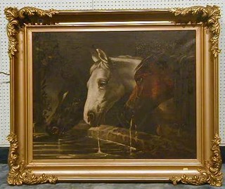 An oil painting on canvas "Three Horses at the Water Trough" 27" x 35"