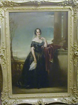 Daniel Macnee Ksh,  oil painting on canvas, full length portrait, "Victorian Noblewoman Standing on a Balcony with Landscape in the Distance" 37" x 26" 