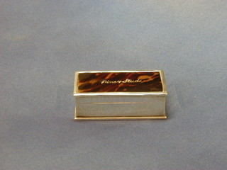 A silver and tortoiseshell trinket box with hinged lid 4" the lid marked Pinsy Studs, Birmingham 1925