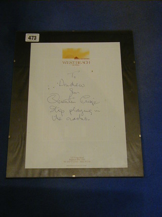 Quentin Crisp, a signed piece of West Beach Hotel Brighton note paper