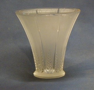 A Lalique trumpet shaped vase with ears of corn decoration, the base etched Lalique France, 7"