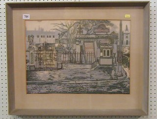 Robin Hughes, a lino cut of "Bucklers Yard" (the reverse with 1955 Royal Academy label, 14" x 19"