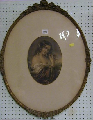 A 19th Century coloured print "Portrait of a Gypsy Girl" 10" oval in a gilt frame