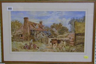 E L Blasanquet, 18th/19th Century watercolour drawing "Lane with Cattle Being Driven by a Cottage" 9" x 16"