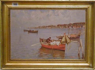 A Barbierri, an oil painting on board "Meditteranean Bay with Fishing Boats" 11" x 16"