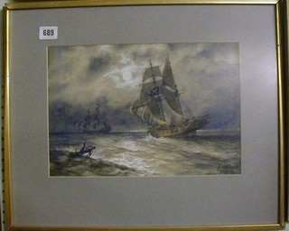 M S Moore, 19th Century watercolour drawing "Moonlight Sea Scape with Pirate Ship" 9" x 13" signed and dated '64