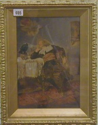 Italian School, oil painting on board "Seated Cavalier with a Rook" 12" x 8" with inscription to reverse