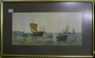 Brun Egan, watercolour drawing "Fishing Boats in Heavy Sea" 9" x 19" signed and dated