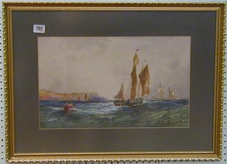Richard Short, 19th Century watercolour drawing "Two Yachts Off Shore" 11" x 17"