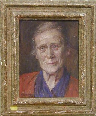 M L N Cuniell, oil painting on board head and shoulders portrait "Mrs Moore" signed, the reverse with City of Bradford Corporation Artist's Gallery label 11" x 8"