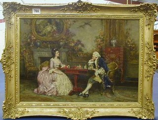 F M Bennett, a fine quality oil painting on board "The Chess Game"  signed and dated 1943, 14" x 19" contained in a gilt frame  