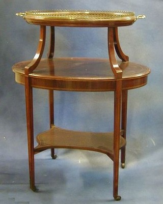 An Edwardian inlaid mahogany oval 2 tier etagere, the top with removable tray and raised on square tapering supports 28"