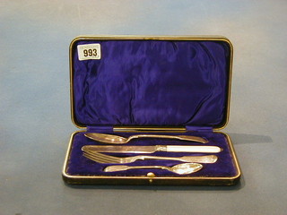 An Edwardian silver Old English pattern 4 piece christening set comprising knife, fork, spoon and teaspoon, contained in a presentation case Sheffield 1903