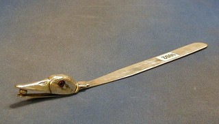 A silver plated newspaper opener, the handle in the form of a ducks head with open mouth and hardstone set eyes