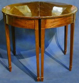 A pair of Sheraton period demi-lune tables inlaid satinwood stringing, raised on square tapering supports ending in spade feet 41"