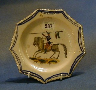 A 19th Century faience octagonal pottery plate decorated a Lancer 8"