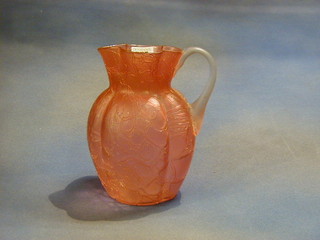 A 19th Century pink crackle glass vase with clear glass handle 8"