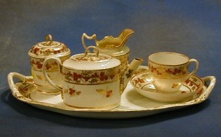 An 18th Century Derby 5 piece cabaret set comprising oval tray, lidded sucrier, cream jug, tea pot  and cup and saucer