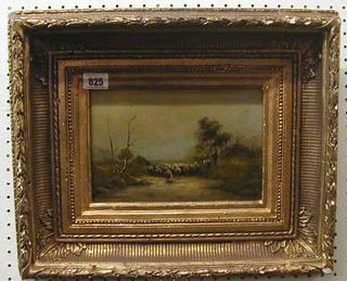 A 19th Century oil painting on board "Driving Sheep" indistinctly signed 6" x 9"