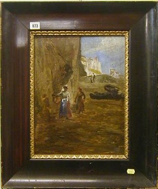 Glatre?? A 19th Century oil painting on board, "Two Ladies at the Base of a Cliff with Figures in Distance" 16" x 12"  indistinctly signed, the reverse with Continental gallery stamp  