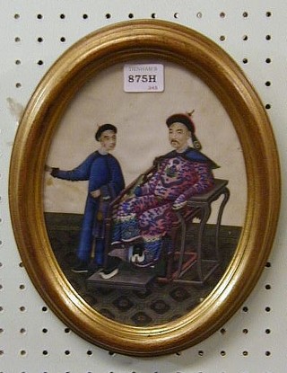 A 19th Century Oriental painting on rice paper "Seated Oriental Nobleman" 9" oval