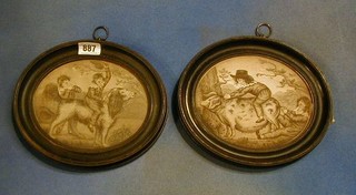 A pair of 18th/19th Century  monochrome prints "Riding the Dog and Riding the Pig" 5" oval