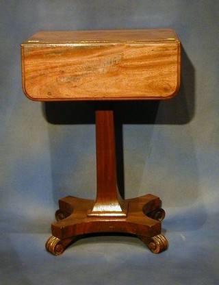 A William IV rectangular mahogany drop flap work table fitted 2 drawers and raised on a chamfered column with triform base raised on scrolled feet 19"