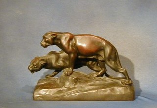 M.Six, a bronze figure group "Two Standing Lions" 10"