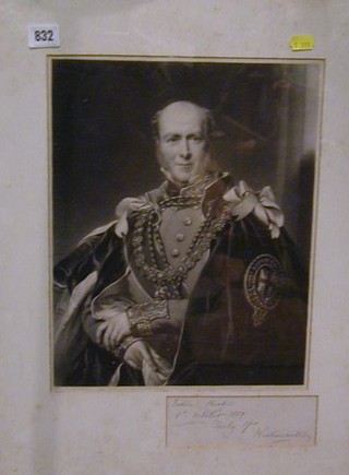 An 19th Century monochrome print "The Duke of Westminster in Military Uniform and Robes of the Garter" signed in the margin 5th October 1859 14" x 11"