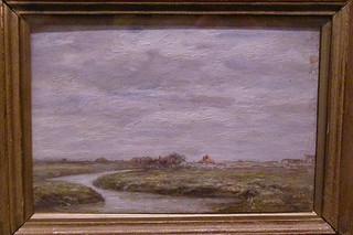 A 19th Century Dutch oil painting on board "River with Buildings in the Distance" 6" x 9"