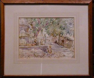 Lionel T Crawshaw, watercolour drawing "Impressionist Scene - The Genoese Fountain Corte" the reverse with Walker Gallery label 8" x 11"