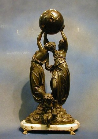A 19th/20th Century French 8 day clock with Arabic numerals in the form of a globe being supported by 2 maidens, raised on a marble base