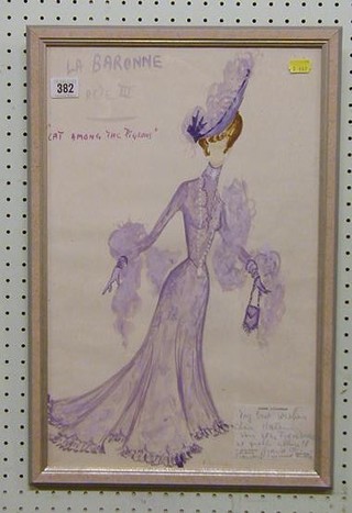 From the estate of the Late Helen Christie : Andre Levasseur, a costume design for Cat Among the Pigeons with inscription to Helen Christie, framed