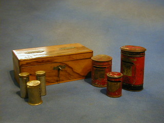 An olive wood money box, 3 1930's money boxes in the form of pillar boxes and 3 other steel money boxes