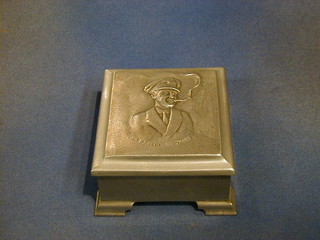 A cast aluminium cigarette box decorated Edward VIII marked Best Wishes from C W Coan Aluminium Foundries