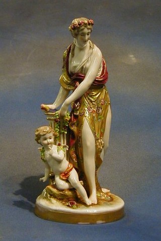 A fine quality 19th Century Continental porcelain figure of a lady by a pedestal with quiver and cherub 11"