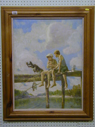Koty a lan Yuri, Russian School, oil painting on canvas "Two Boys Fishing with Dog" 23" x 17"